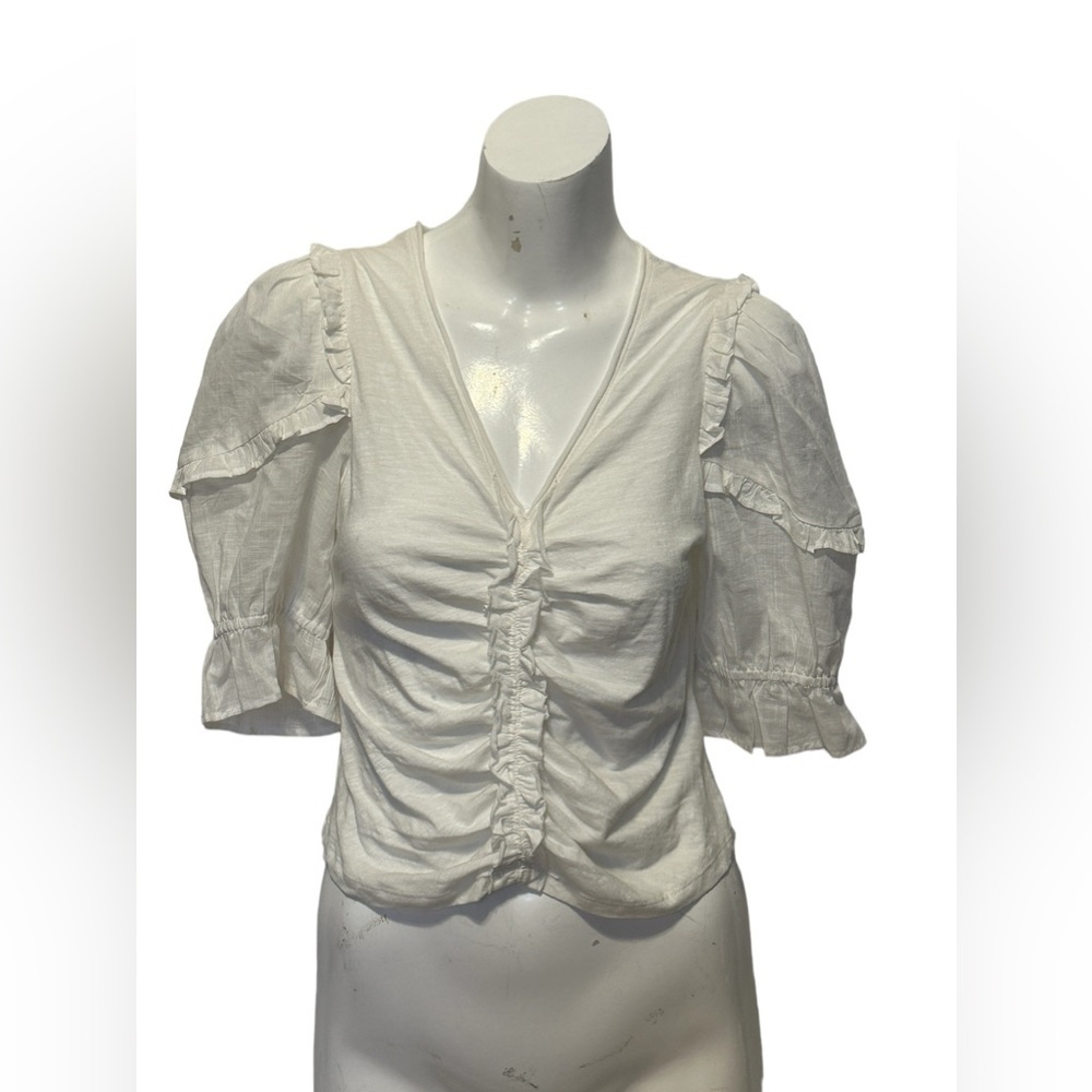 NWOT Dreamy Anthropologie Ruched White Ruffle BOHO TOP SIZE S b28